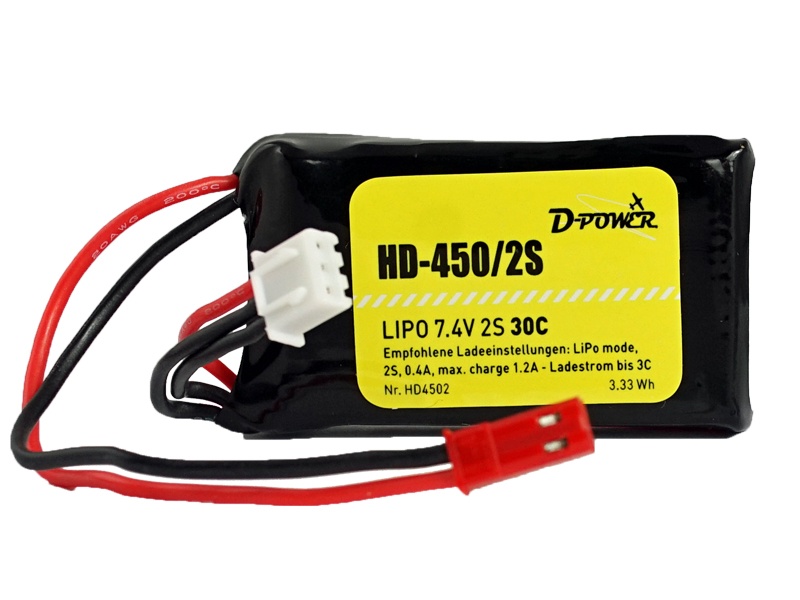 D-Power HD LiPo 2S 450mAh 30C 7,4V Akku JST//BEC NEU HD4502